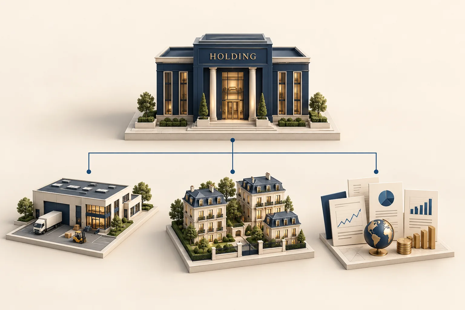 Schéma d’une holding patrimoniale reliée à une entreprise, à des actifs immobiliers et à des placements financiers.