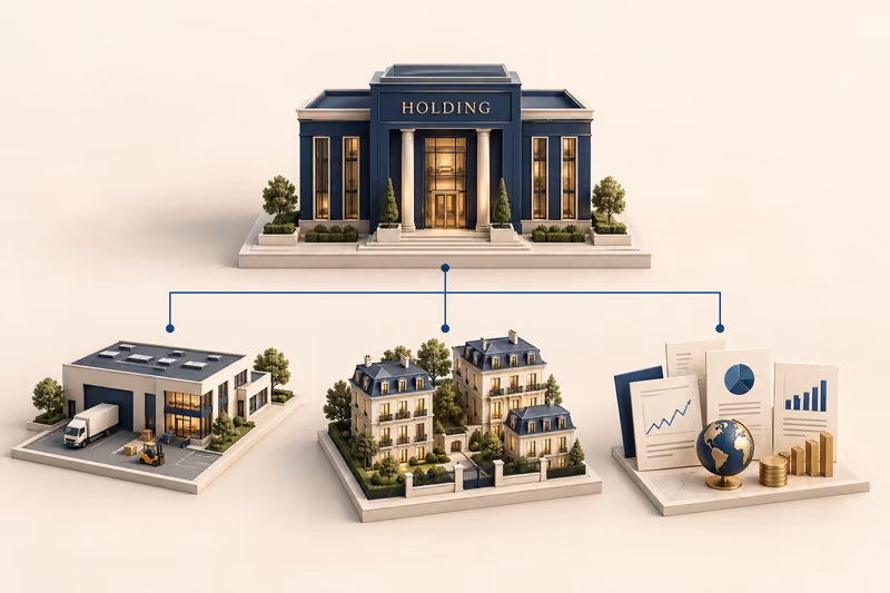 Schéma d’une holding patrimoniale reliée à une entreprise, à des actifs immobiliers et à des placements financiers.