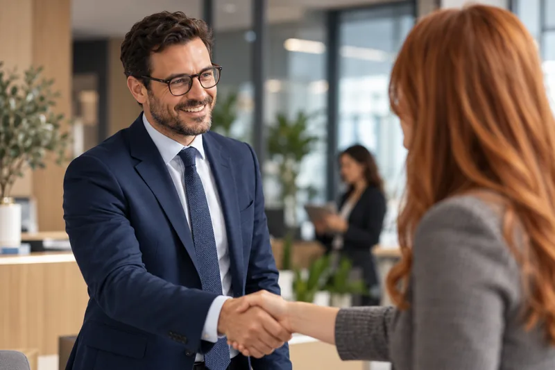 Illustration : un conseiller accueille une cliente avec le sourire