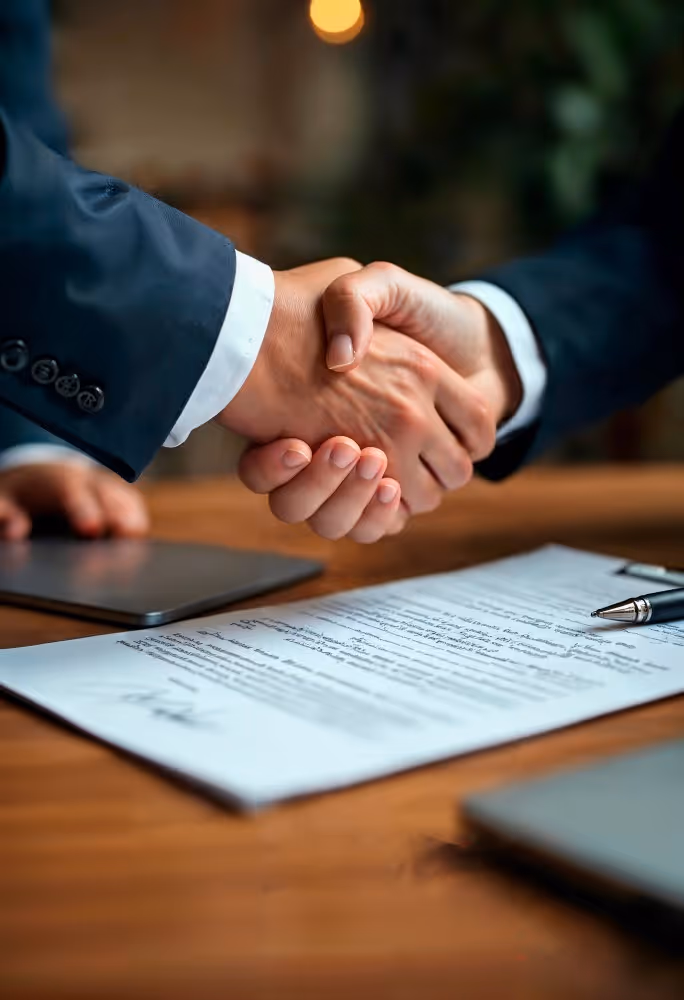 Poignée de main au-dessus de documents, illustration de la souscription d’un contrat de capitalisation.