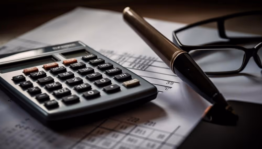 Calculatrice, stylo et lunettes sur des documents, illustration du calcul de la taxe PUMa ou cotisation subsidiaire maladie.