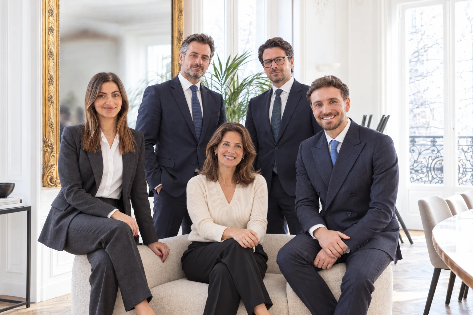 Les cinq membres de l’équipe Rivaria Capital réunis autour d’un canapé dans les bureaux du cabinet.