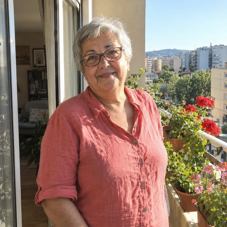 Portrait fictif d’illustration : une femme aux cheveux gris photographiée près de son balcon.