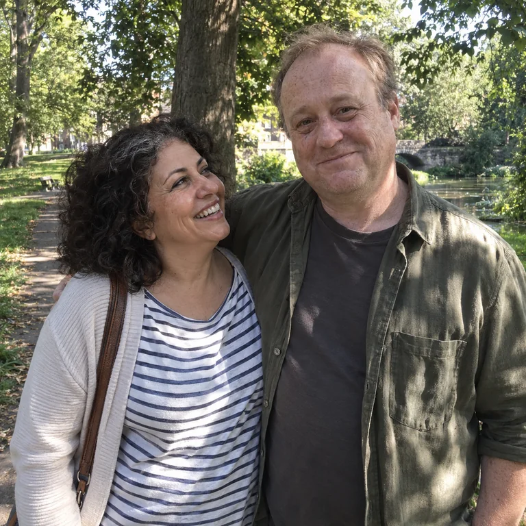 Portrait fictif d’illustration : un couple photographié spontanément dans un parc.