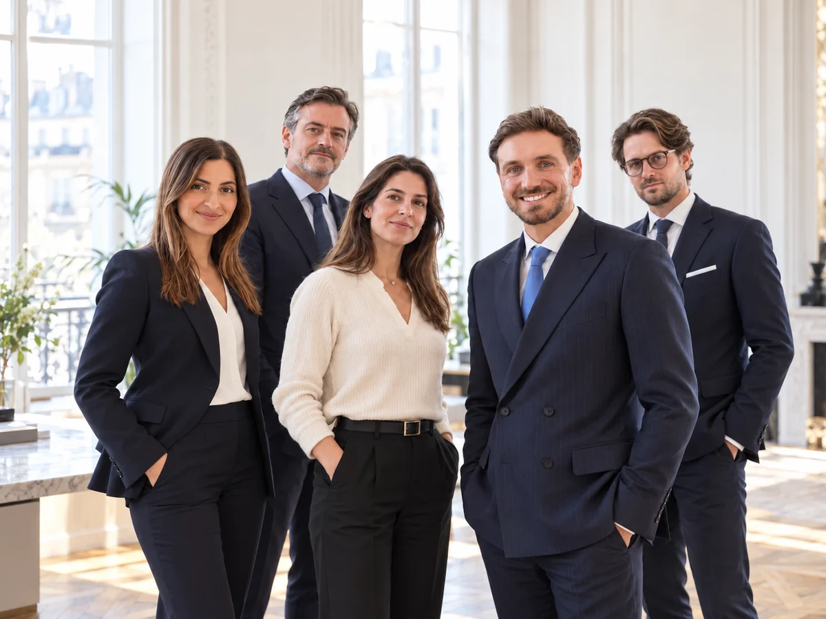 Illustration générée : cinq professionnels réunis dans un bureau lumineux.