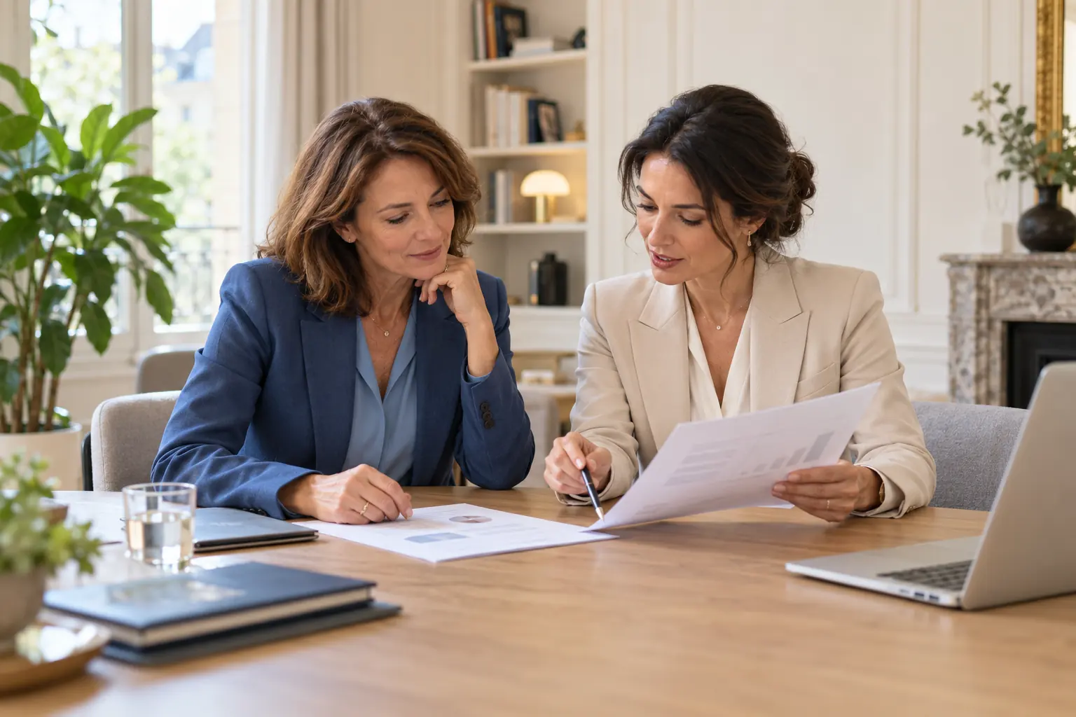 Une cadre et une conseillère comparent des documents dans un bureau lumineux.
