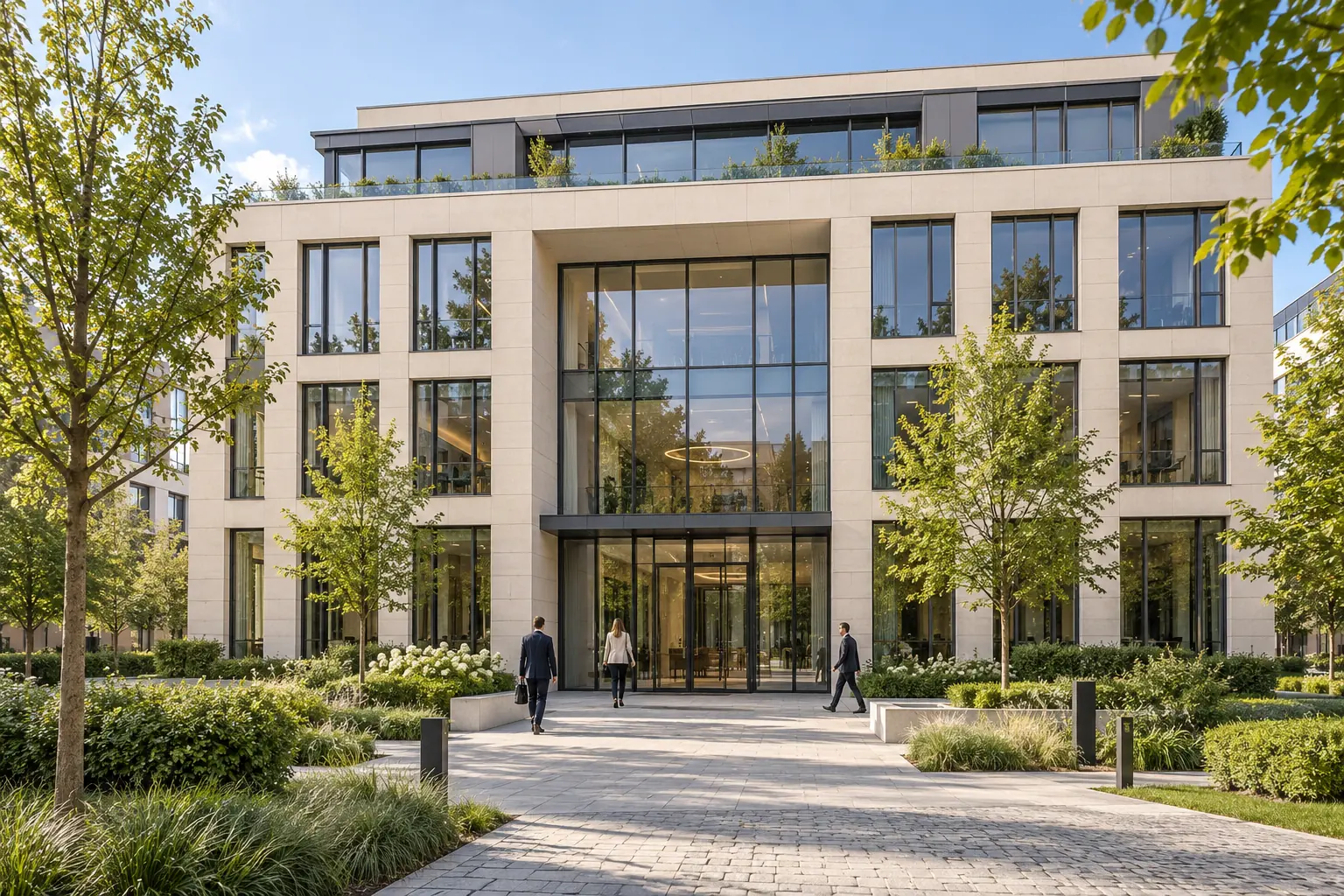 Un immeuble de bureaux contemporain avec une entrée paysagée et des personnes à proximité.