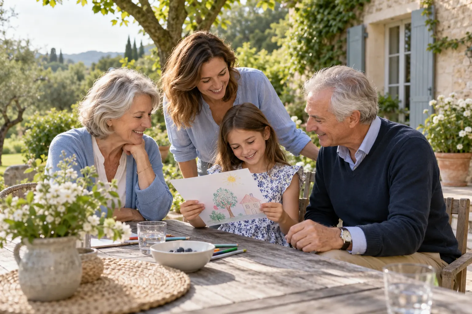 Des grands-parents, leur fille et leur petite-fille partagent un moment dans un jardin.