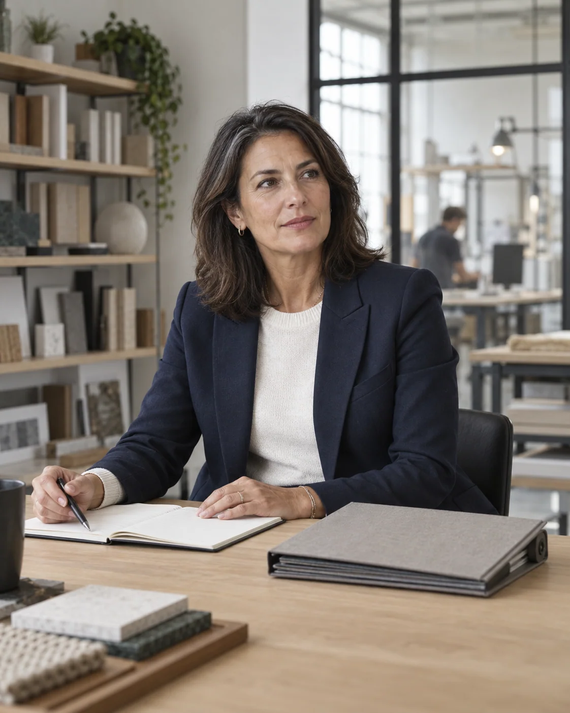 Une dirigeante examine ses projets dans les bureaux de son entreprise.