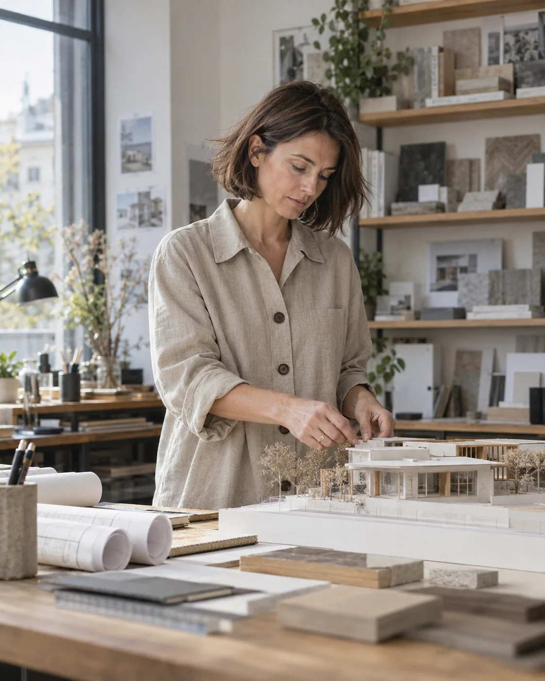 Une architecte indépendante étudie une maquette dans son cabinet.