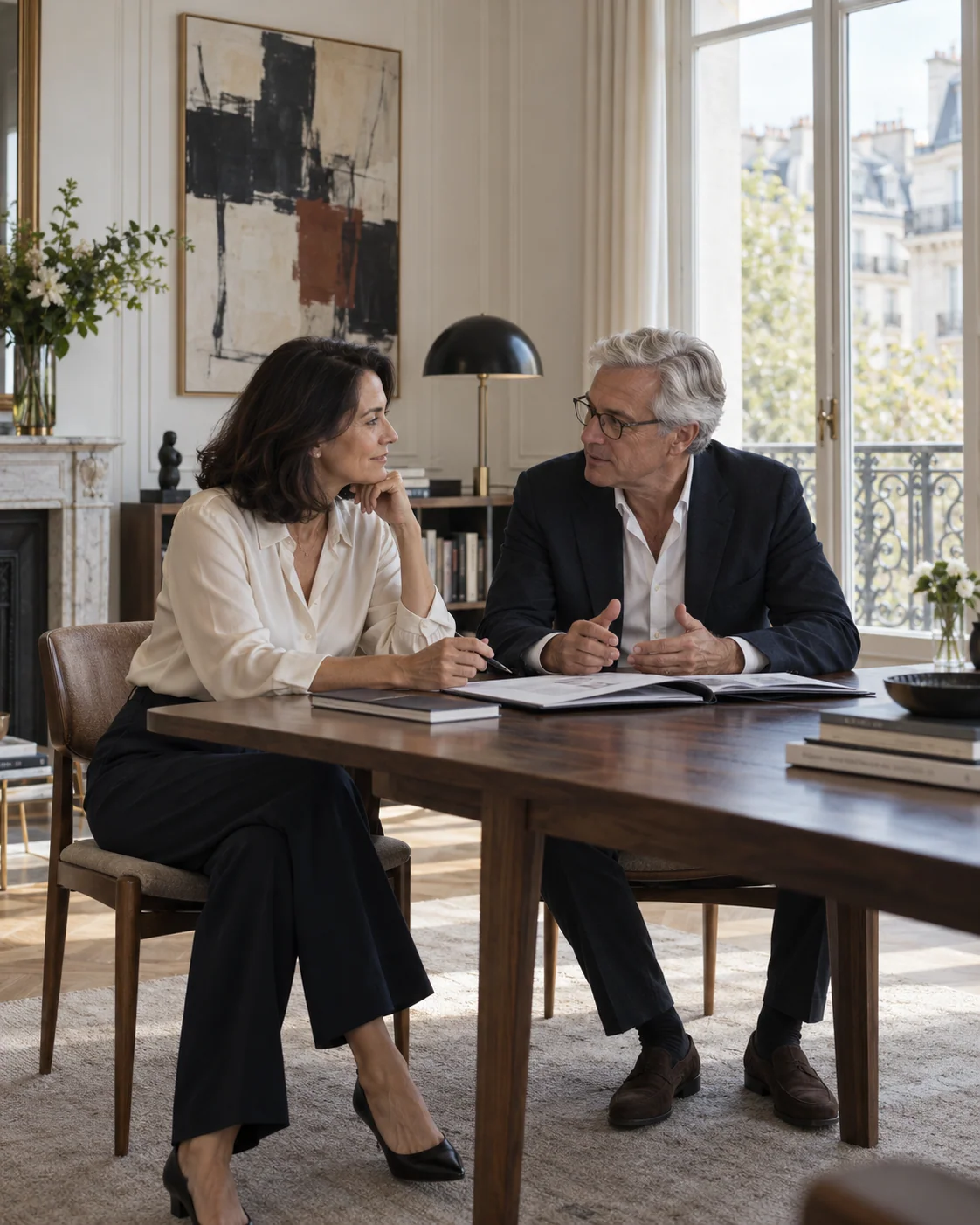 Un couple échange autour de ses projets patrimoniaux dans un intérieur sobre et raffiné.