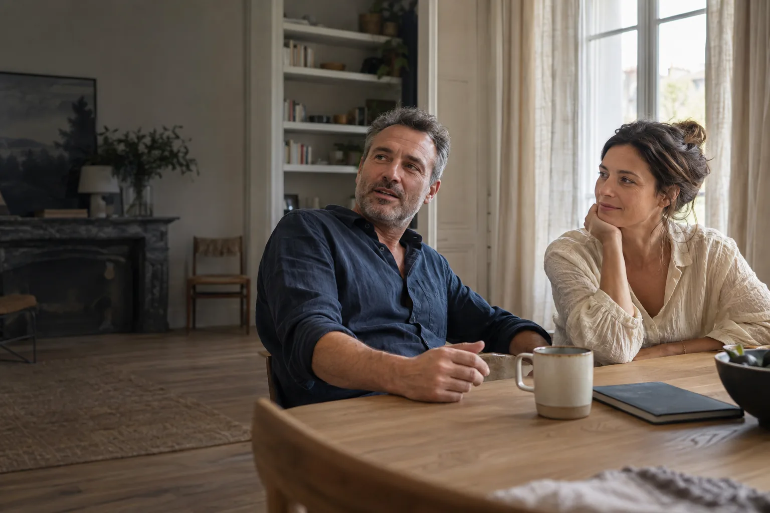 Un couple discute à la table du petit-déjeuner dans son appartement.