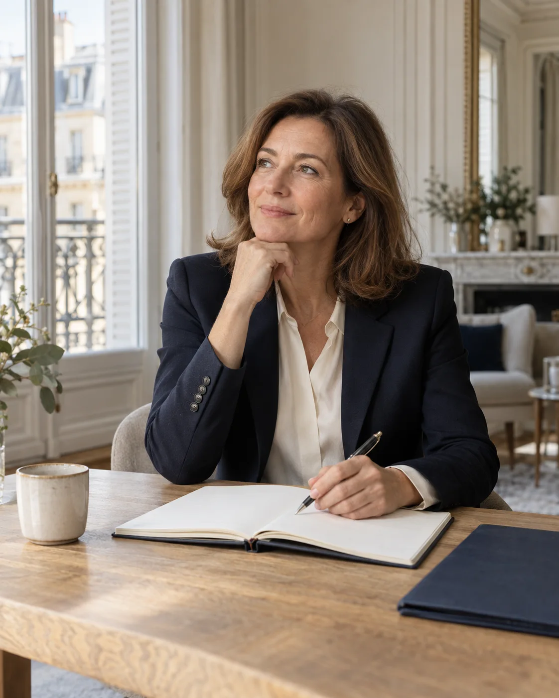 Une femme réfléchit à ses projets de placement, un carnet ouvert devant elle.