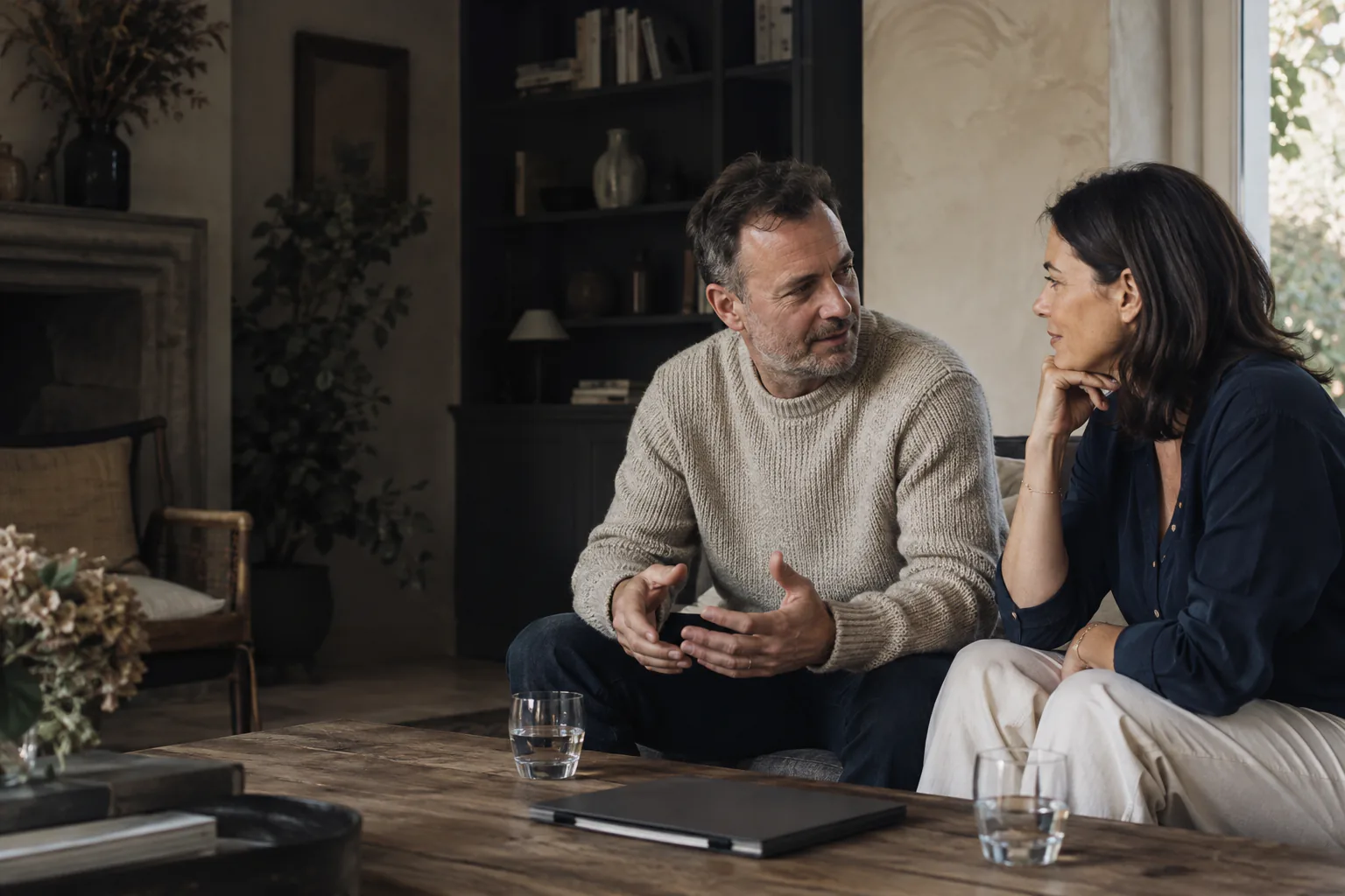 Un couple discute dans son salon, à la lumière de la fenêtre.