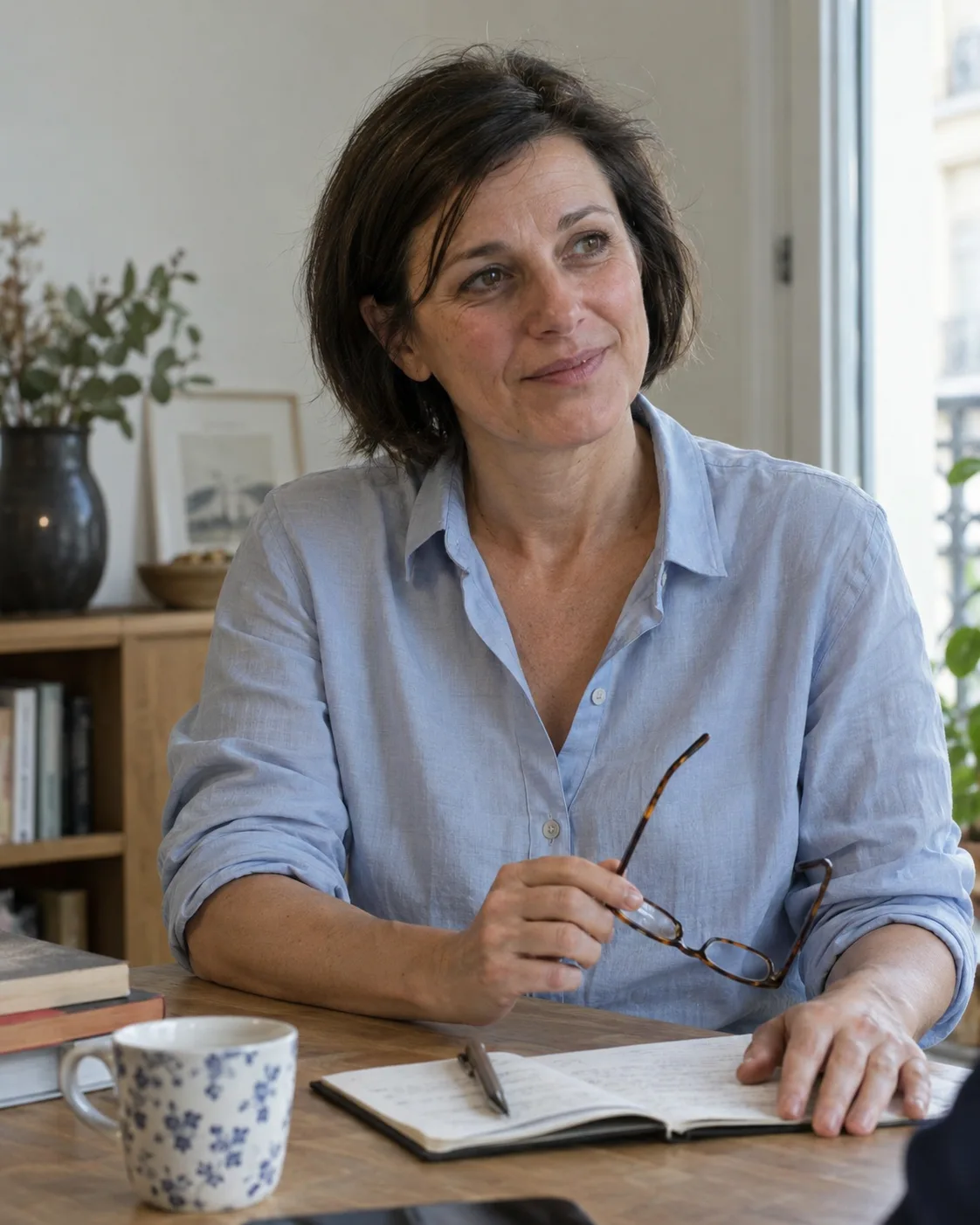 Une femme en chemise bleue échange sur ses projets, un carnet ouvert devant elle.