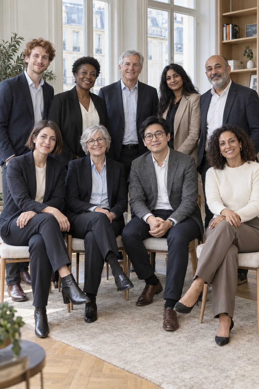 Illustration générée : neuf professionnels aux profils et aux âges variés, souriants et regardant la caméra dans un bureau lumineux.