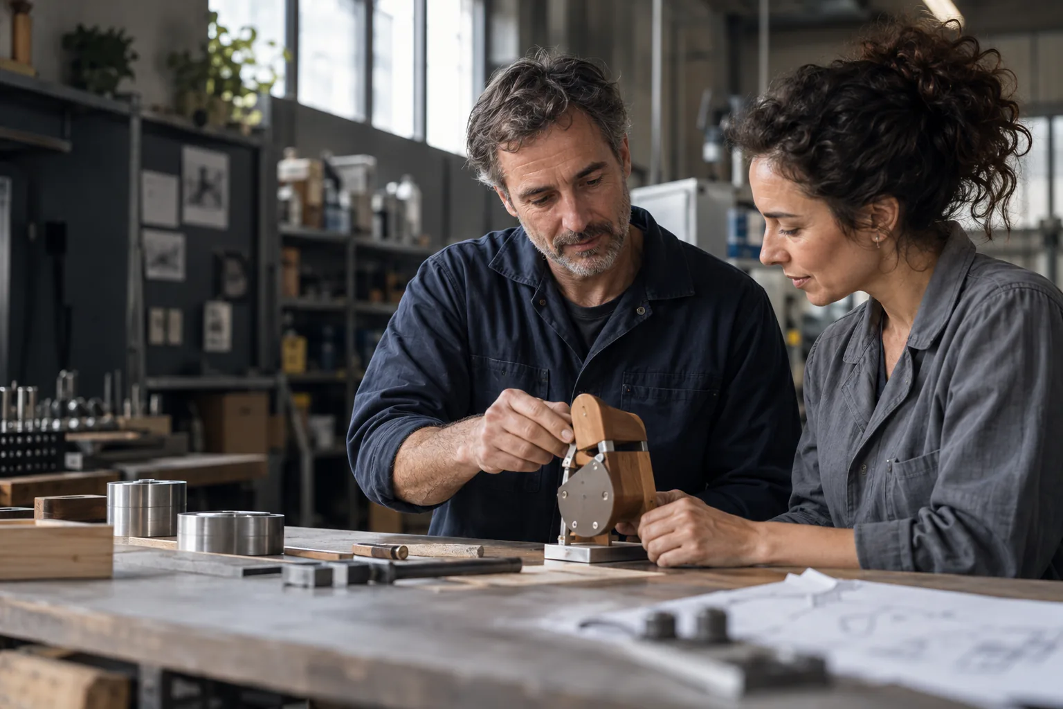 Deux professionnels examinent un prototype dans un petit atelier.