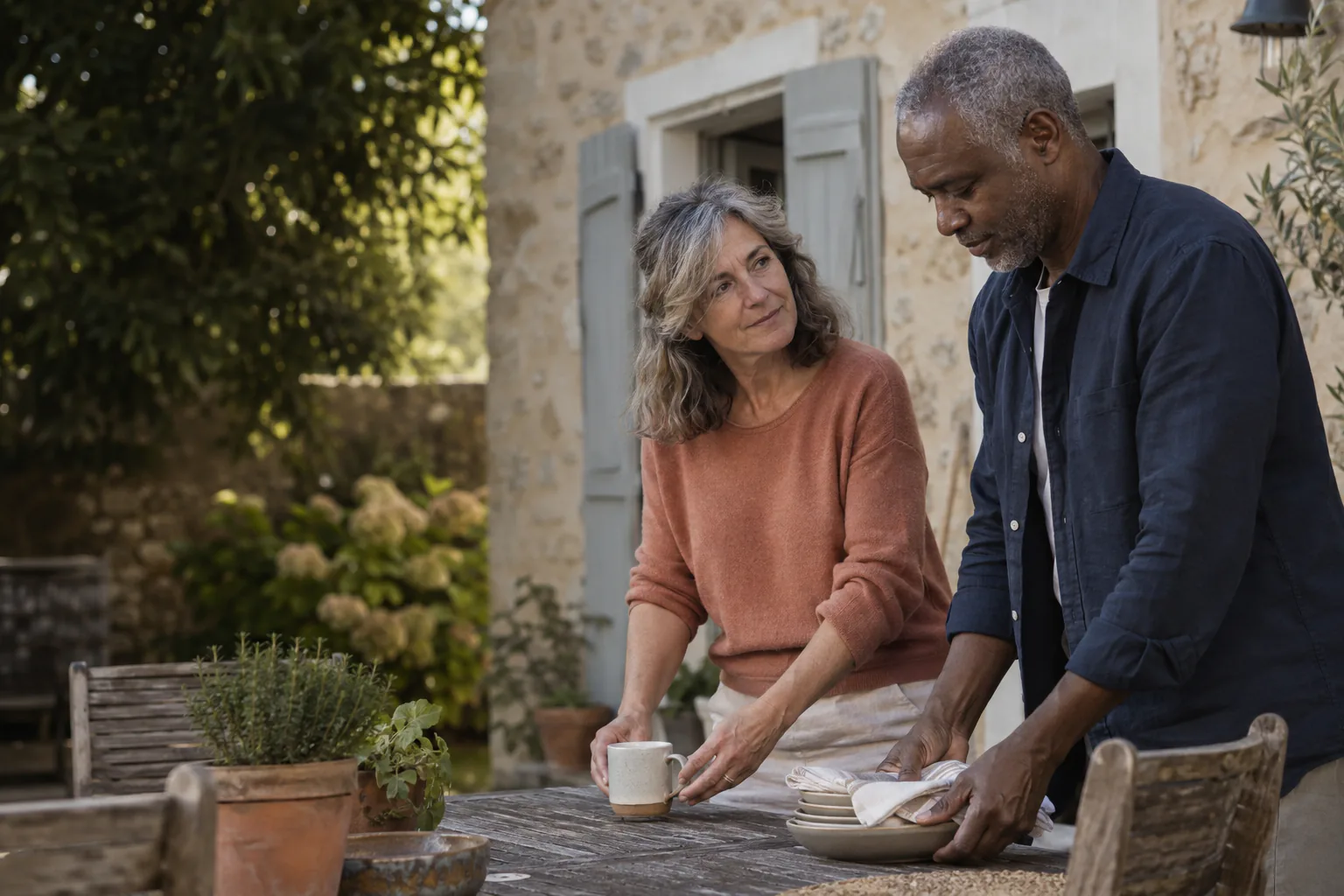 Un couple prend le temps d’échanger dans le jardin de sa maison.