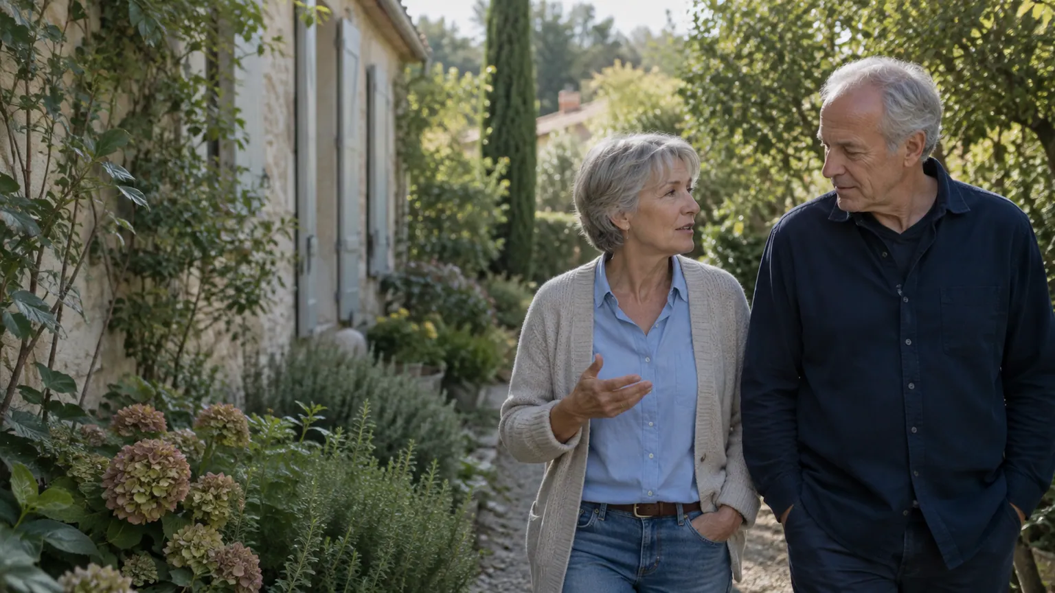 Un couple échange en se promenant dans son jardin.