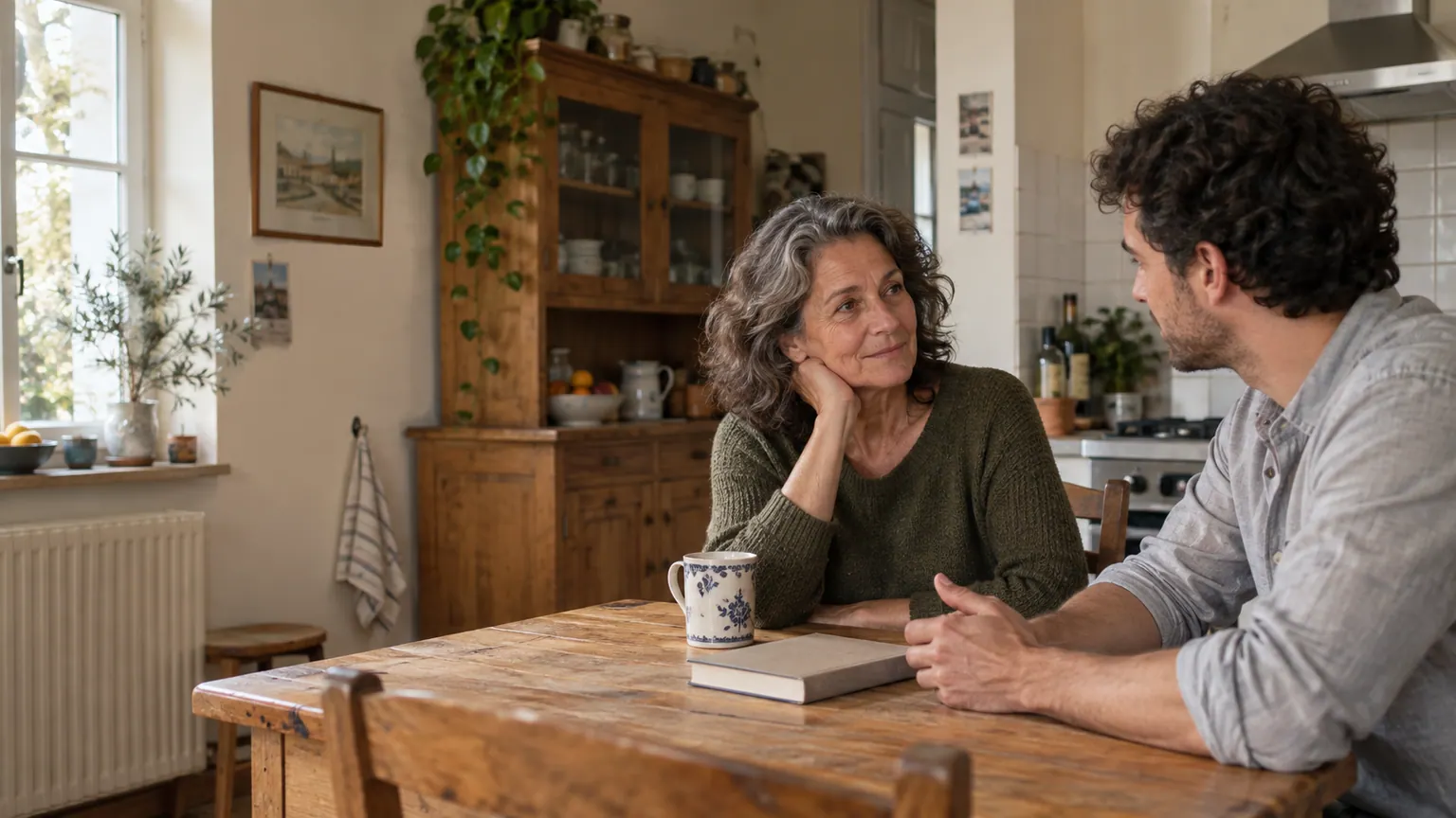 Une mère et son fils discutent autour de la table familiale.