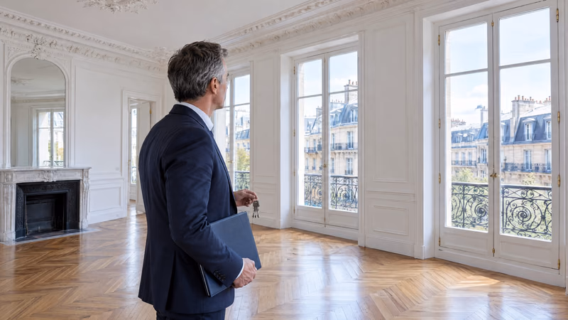 Clés, dossier d’achat et plan d’appartement sur le bureau d’un dirigeant qui achète sa résidence principale avec sa société