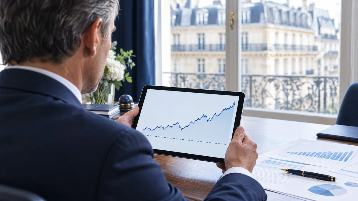 Investisseur consultant sur tablette un indice boursier et le niveau de capital garanti d’un produit structuré
