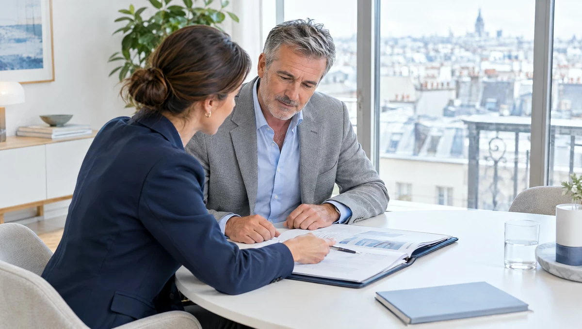 Entrepreneur consultant un dossier d’investissement avec son conseiller