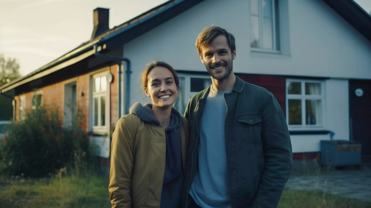 Un couple souriant devant une maison, illustration des projets à envisager pour investir l’argent d’un héritage.