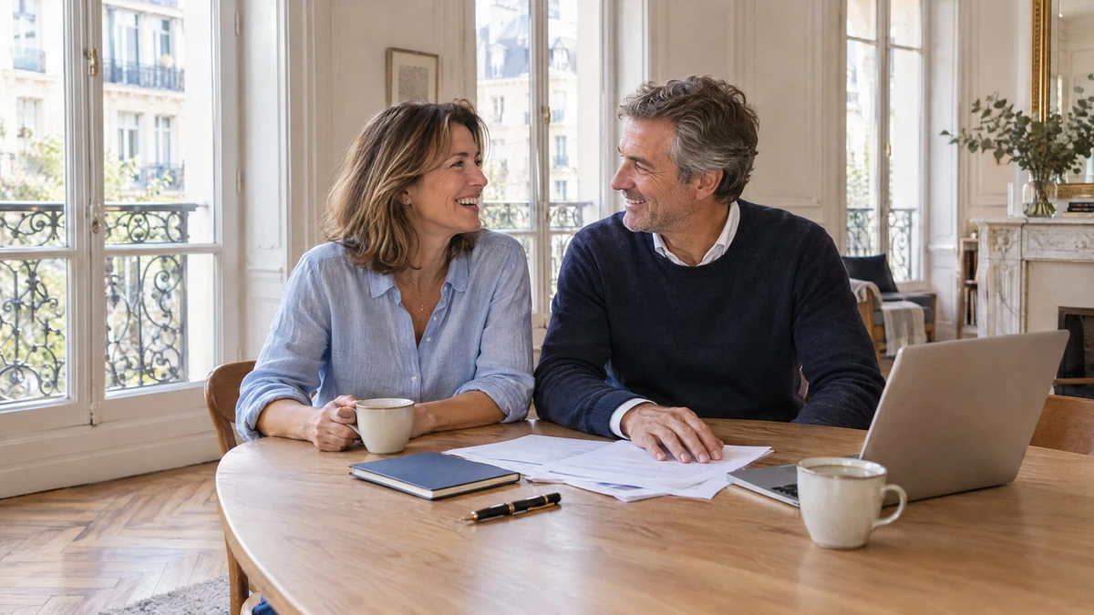 Un couple échange autour de documents et d’un ordinateur, illustration du choix d’un placement financier non imposable.
