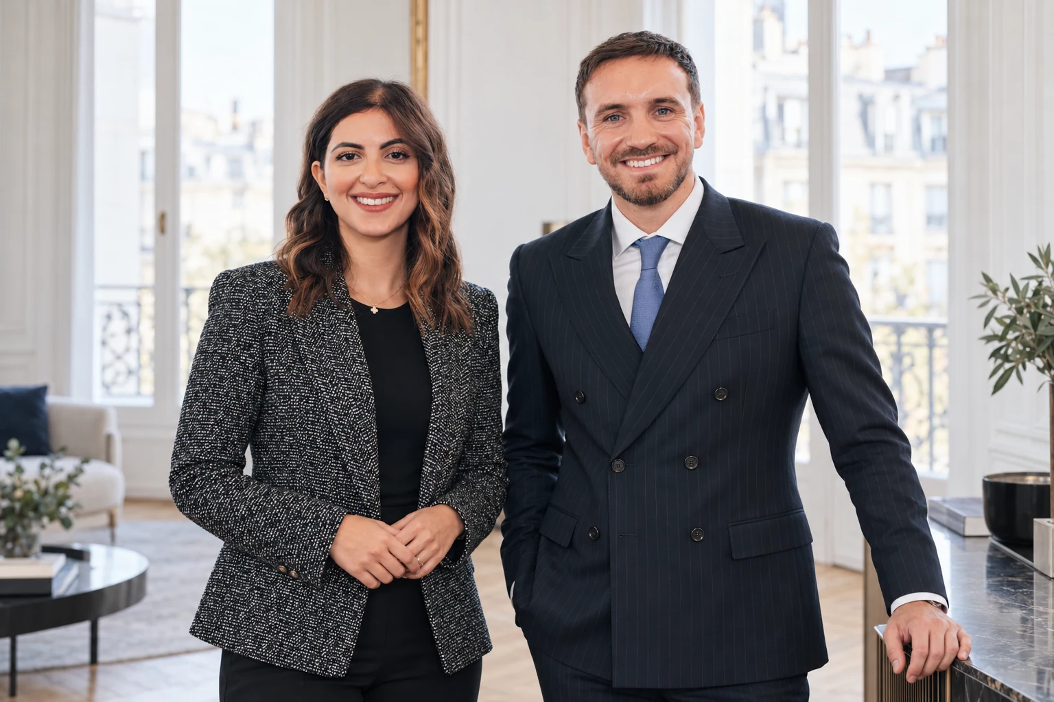 Portrait illustré de Dalia et Tanguy, debout dans un bureau et regardant la caméra.