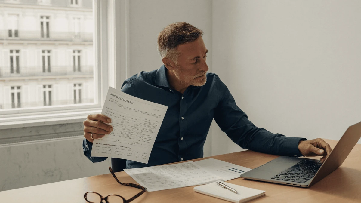 Un homme consulte des documents sur papier et ordinateur, illustration de la comparaison des contrats de capitalisation.