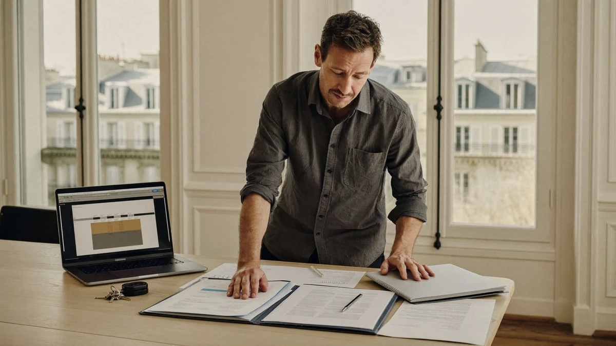 Un homme examine des documents près d’un ordinateur, illustration de l’analyse des possibilités de défiscalisation IFI.