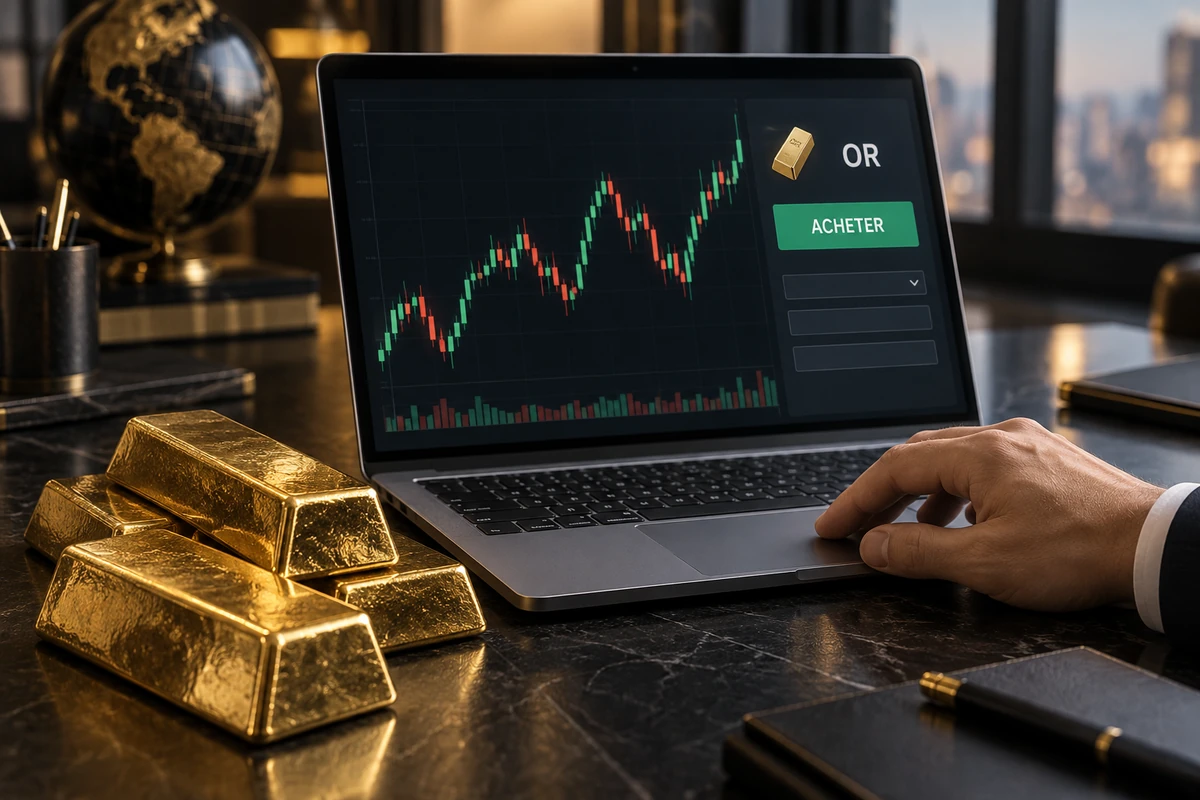 Lingots devant un graphique du cours de l’or, illustration de la réflexion sur l’achat d’or comme placement.