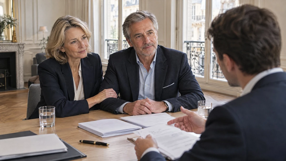 Un couple échange avec un conseiller autour d’un dossier, illustration du conseil patrimonial pour préparer sa succession.