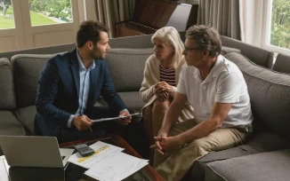 Un couple échange avec un conseiller autour de documents, illustration du conseil financier indépendant.