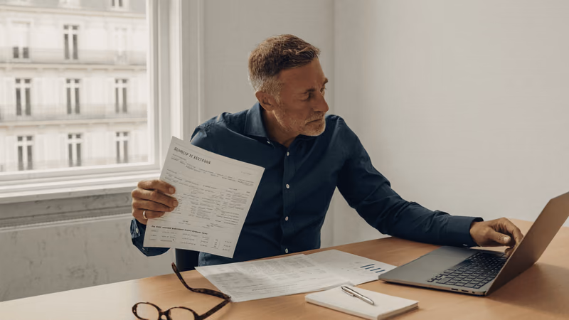 Un homme consulte des documents sur papier et ordinateur, illustration de la comparaison des contrats de capitalisation.