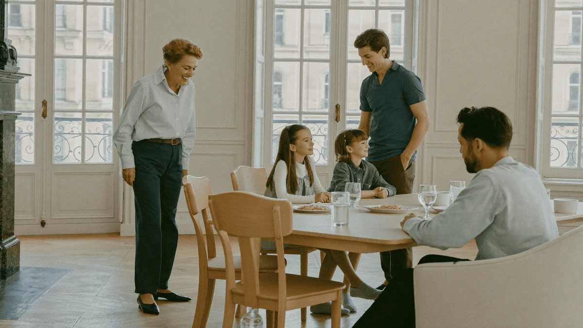 Plusieurs adultes et enfants réunis autour d’une table, illustration de l’accompagnement du patrimoine familial par un multi family office.
