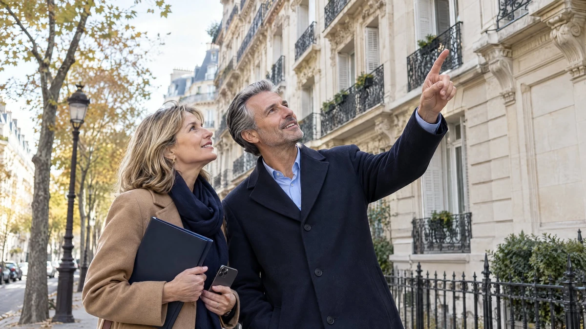 Un couple observe la façade d’un immeuble haussmannien, illustration du choix d’un investissement immobilier.